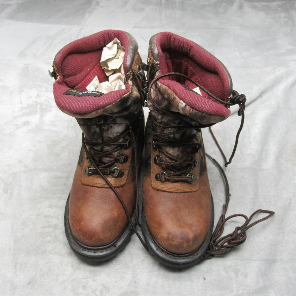 Cabelas Youth Hunting Boots 4M‎ Brown Camo Leather Insulated Outdoor Waterproof